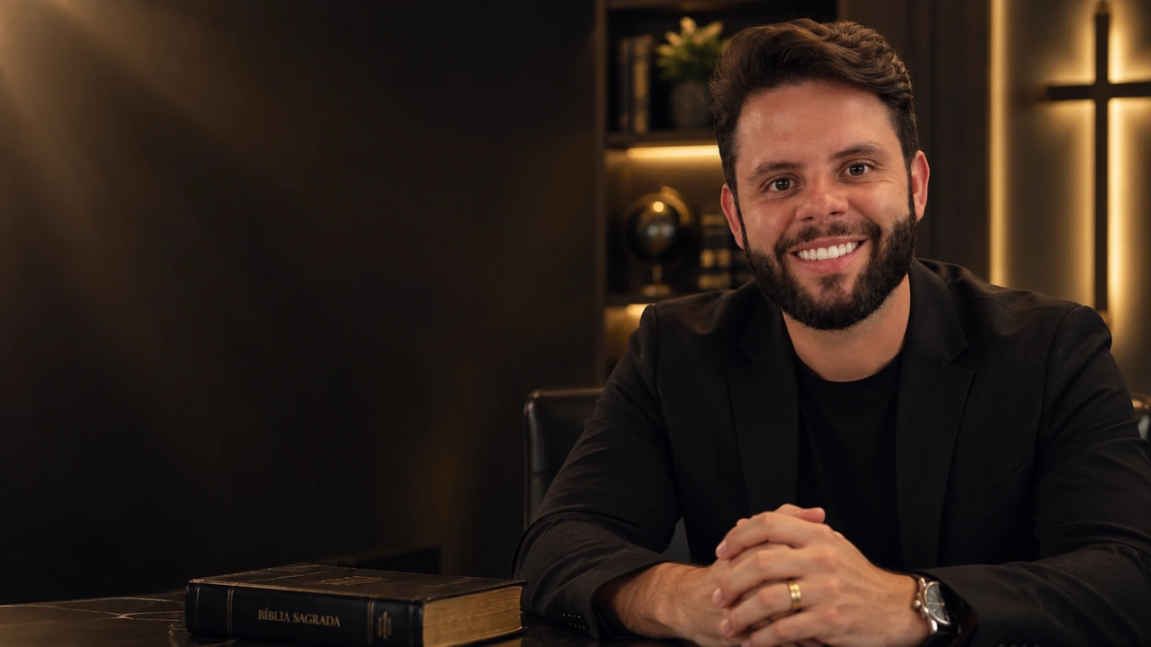 Pr. Lerry Sales sorrindo, sentado à mesa, com as mãos entrelaçadas e a Bíblia Sagrada ao lado