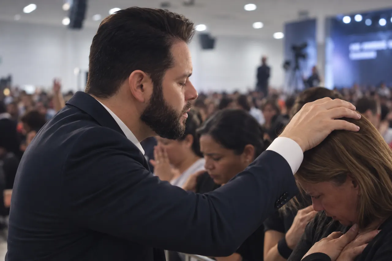 Pr. Lerry Sales orando com a mão sobre a cabeça de uma mulher, em meio à congregação